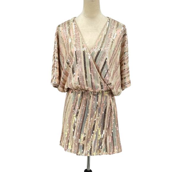 Karlie Sequin Gold Glitter Stripe Faux Wrap V-neck Mini Party Dress - Picture 3 of 16